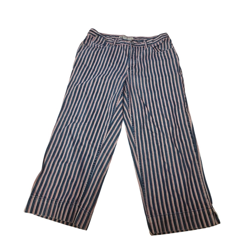 Faded Glory Striped Wide Leg High Waisted Pants Navy Blue White Relaxed Trousers